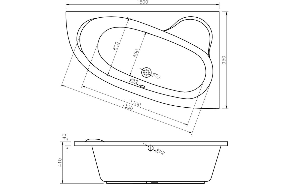 LustreSoak 1500x950x600mm 0TH Offset Corner Bath w/Legs (RH)