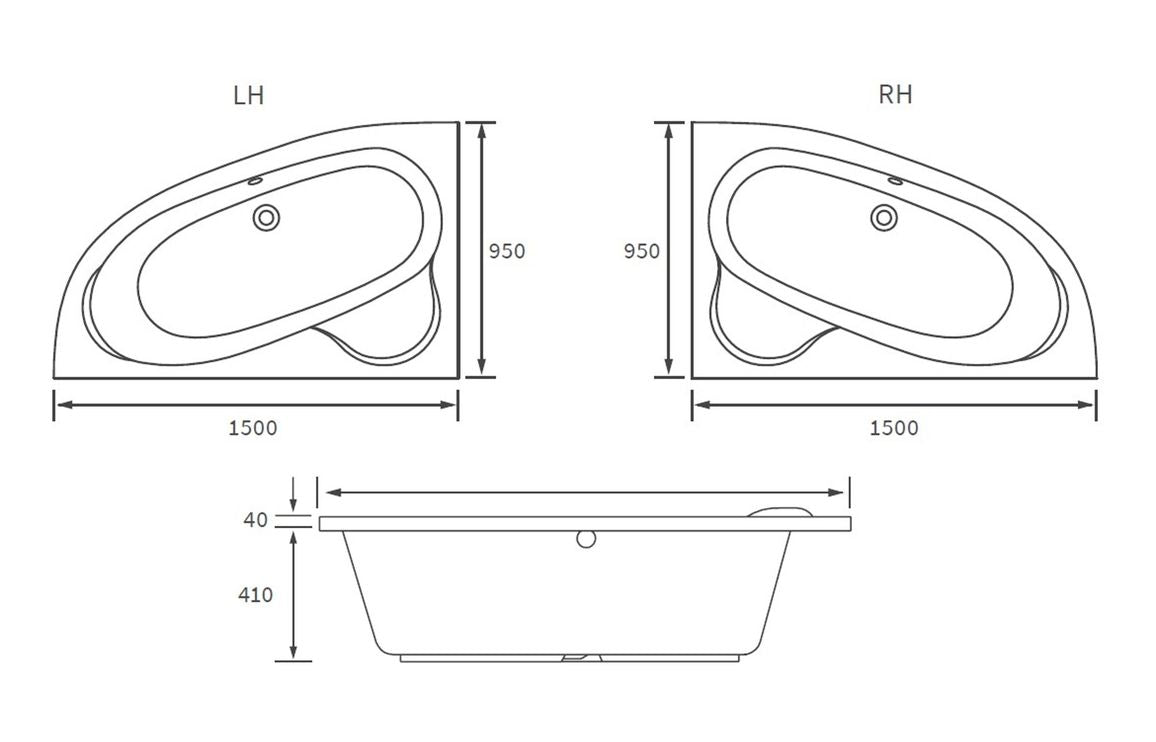 LustreSoak 1500x950x600mm 0TH Offset Corner Bath w/Legs (RH)
