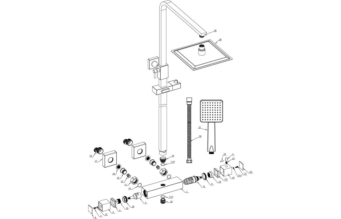 PristineDrop Square Thermostatic Bar Mixer w/Riser Kit - Chrome