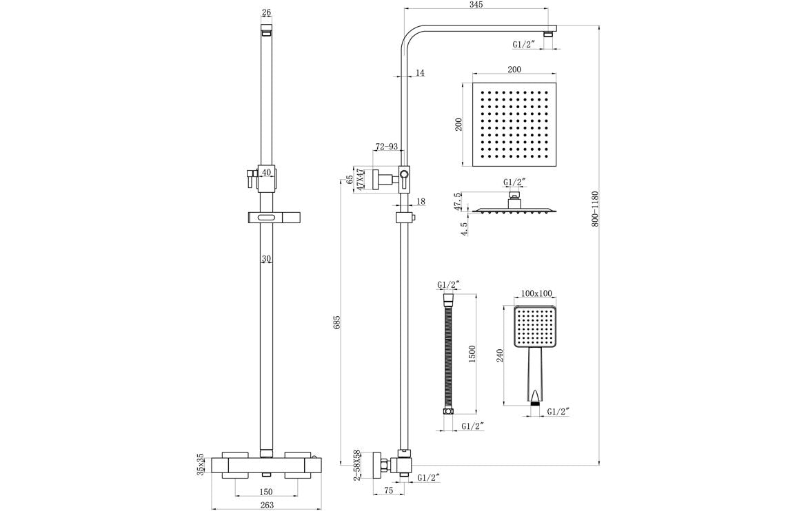 PristineDrop Square Thermostatic Bar Mixer w/Riser Kit - Chrome
