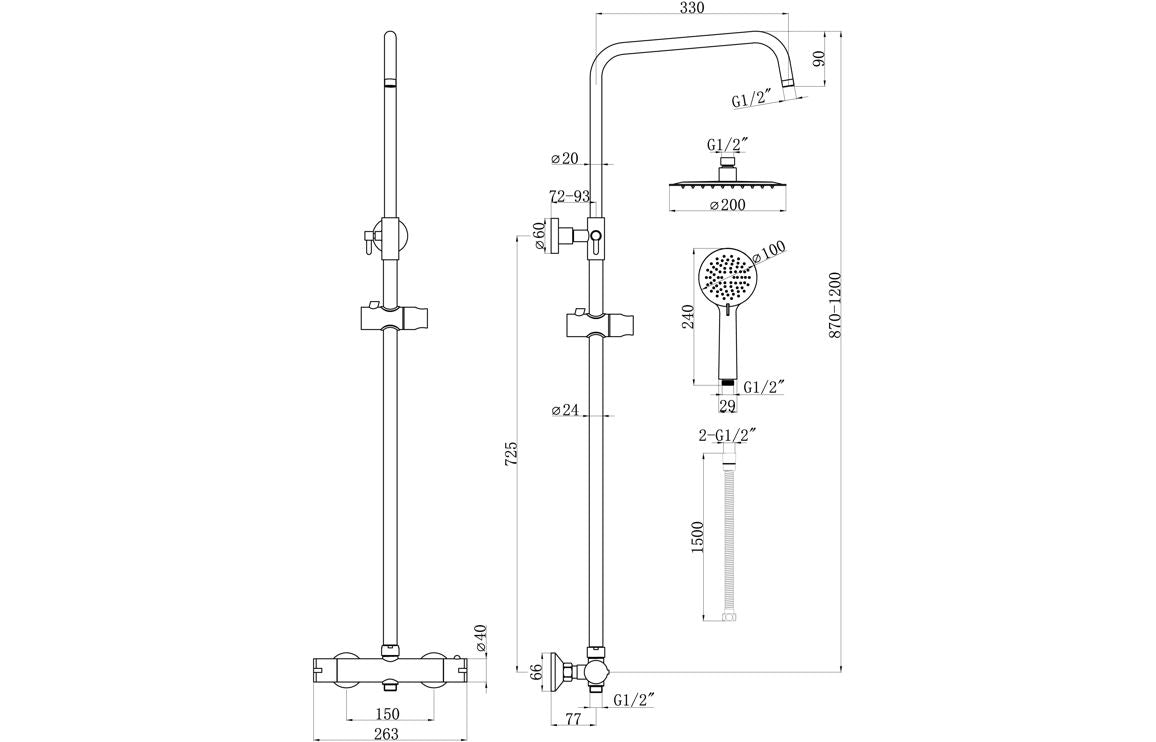 PureDrift Round Thermostatic Bar Mixer w/Riser Kit - Chrome