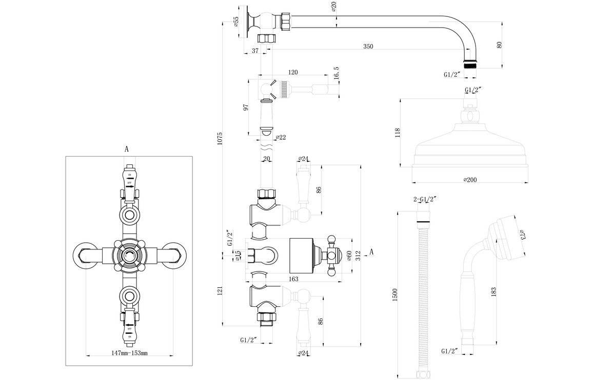 CrystalFlow Traditional Exposed Two Outlet Shower Valve w/Riser Kit & Overhead - Chrome