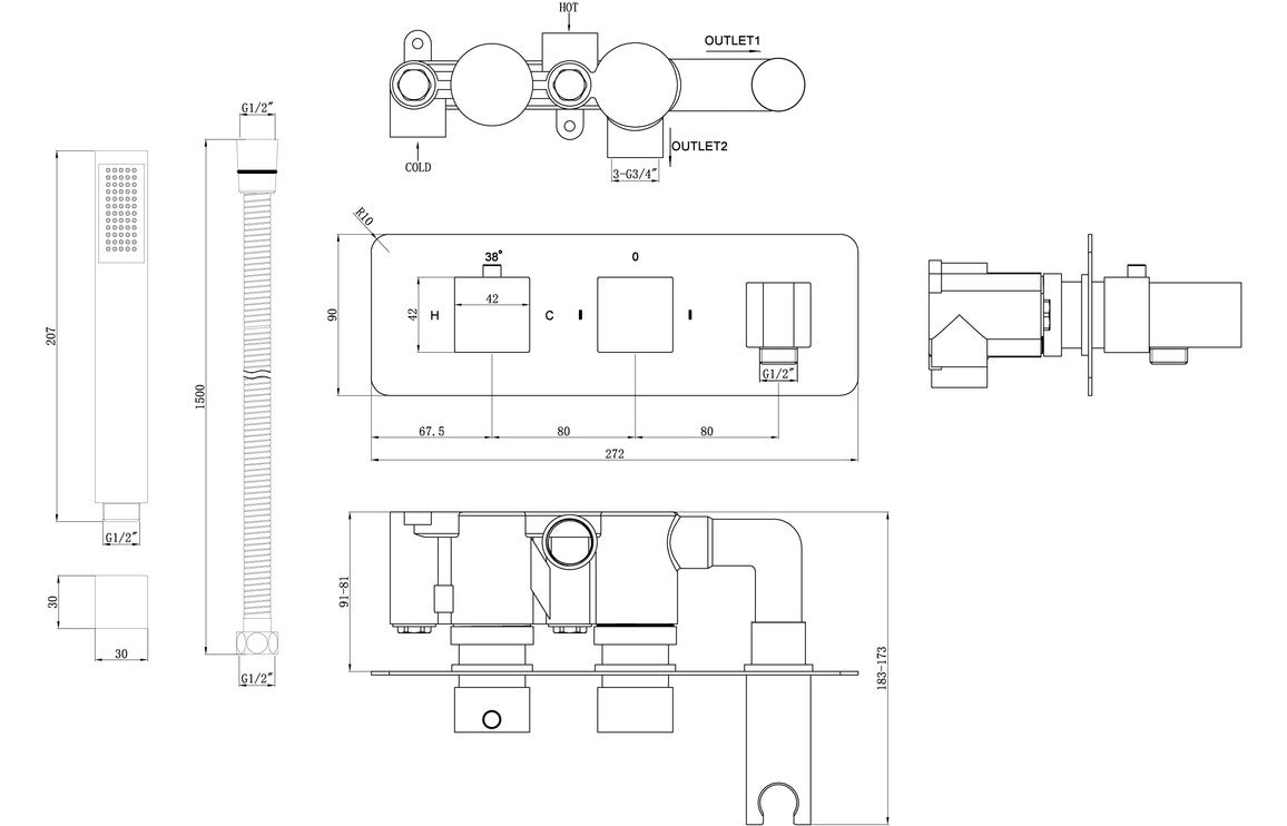 RainSphere Shower Pack Two - Two Outlet Twin Shower Valve w/Handset & Brass Overhead - Chrome