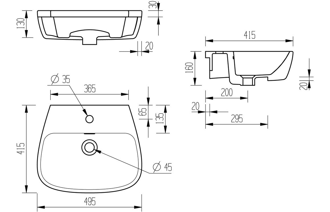 AquaElegance 495x415mm 1TH Semi Recessed Basin