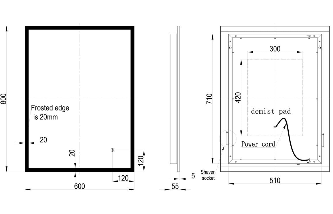 LuminousFrame 600x800mm Rectangle Edge-Lit LED Mirror