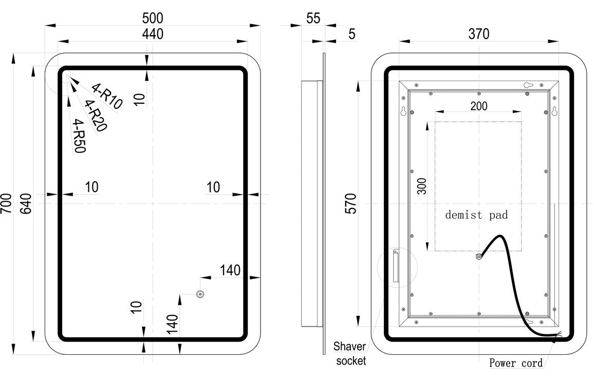 LustreLine 500x700mm Rectangle Front-Lit LED Mirror