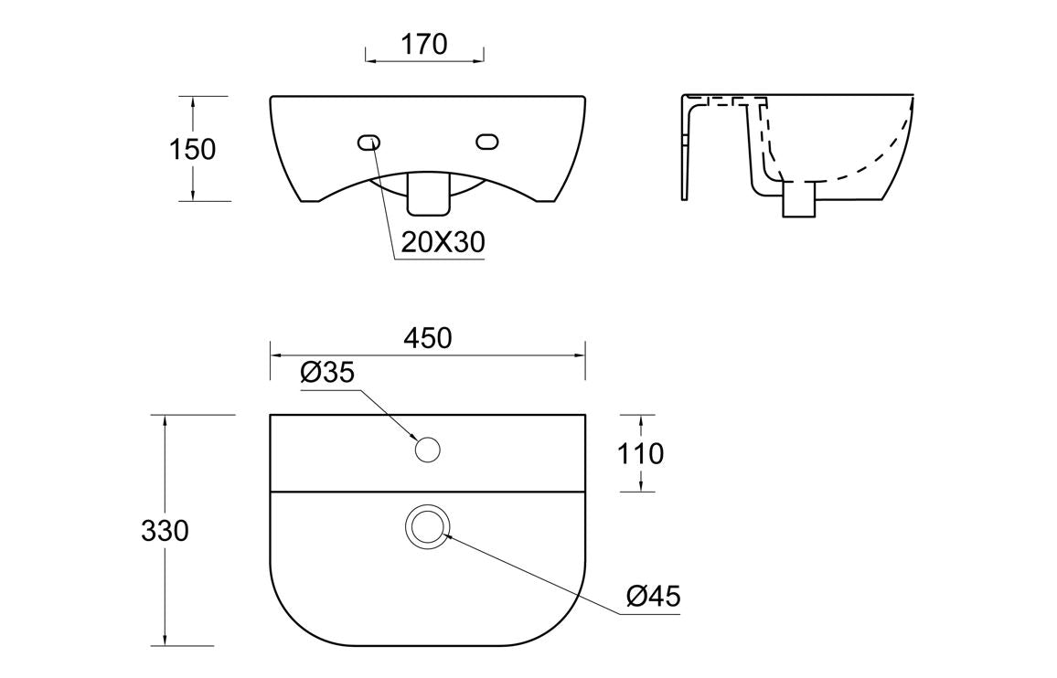 LustraBowl 450x320mm 1TH Cloakroom Basin & Black Bottle Trap