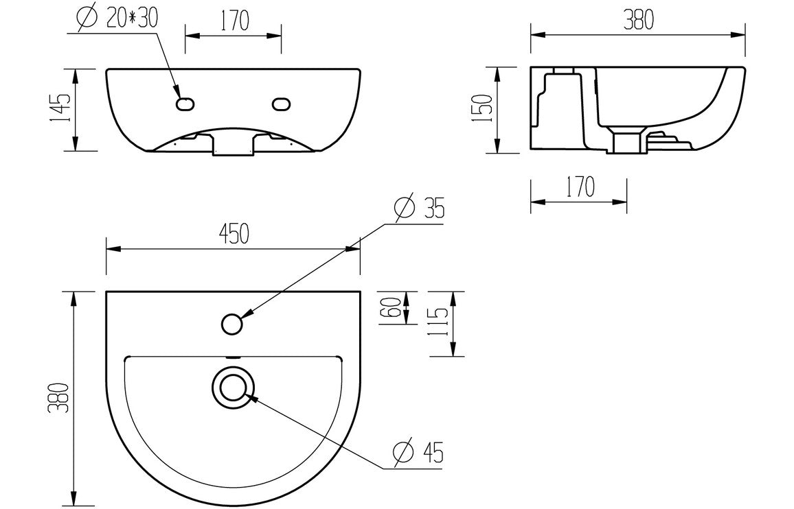 SilkenWash 450x400mm 1TH Cloakroom Basin & Black Bottle Trap