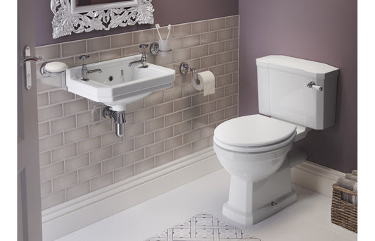 TranquilFlow High Level WC & Satin White Wood Effect Seat w/Brass Finishes