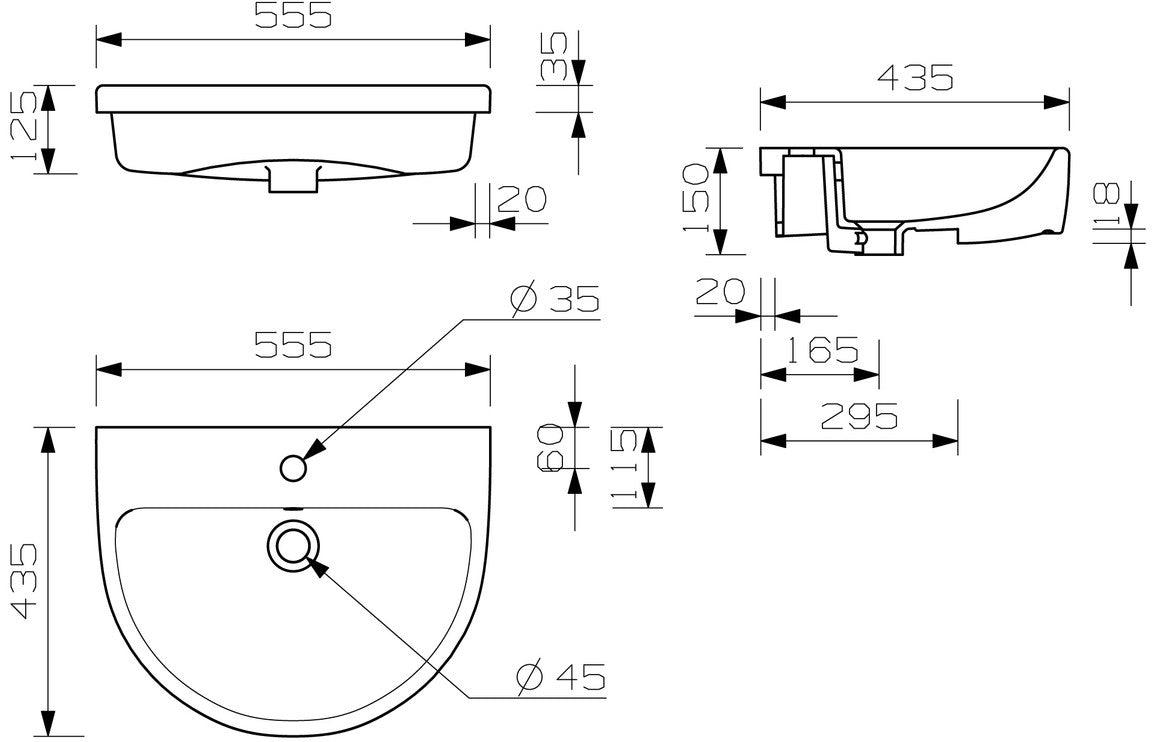 CrystalWash 555x435mm 1TH Semi Recessed Basin