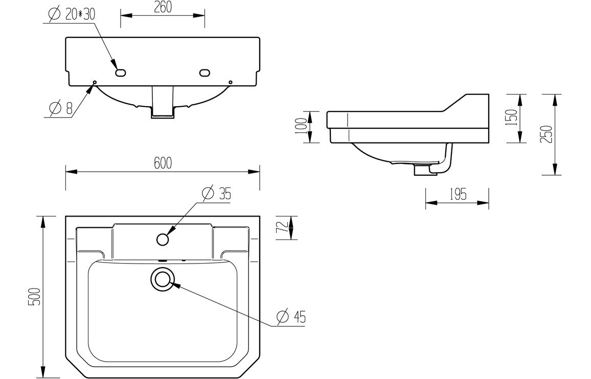 TranquilFlow 600x500mm 1TH Basin & Full Pedestal