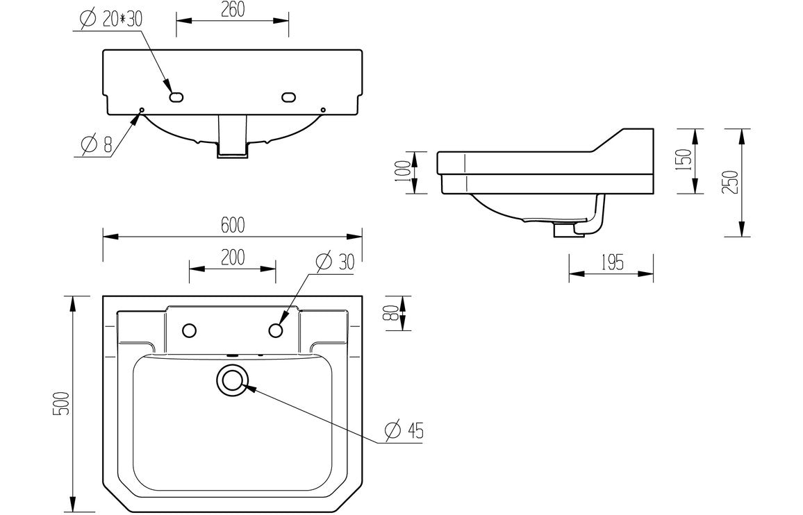 TranquilFlow 600x500mm 2TH Basin & Full Pedestal