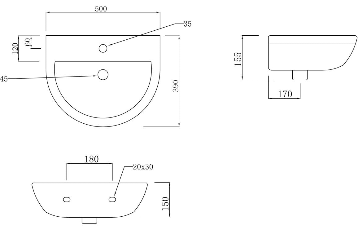 PrismFlow 500x390mm 1TH Basin & Full Pedestal