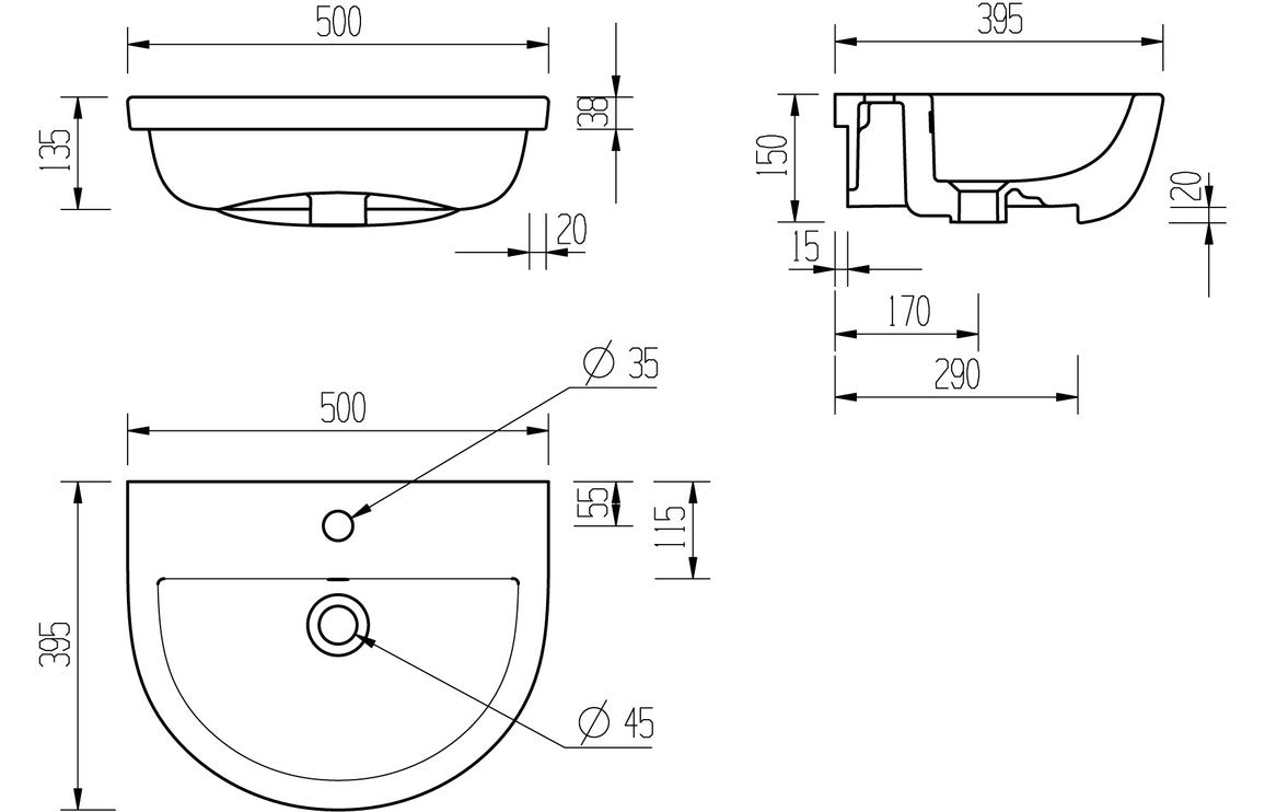SilkenWash 500x390mm 1TH Semi Recessed Basin